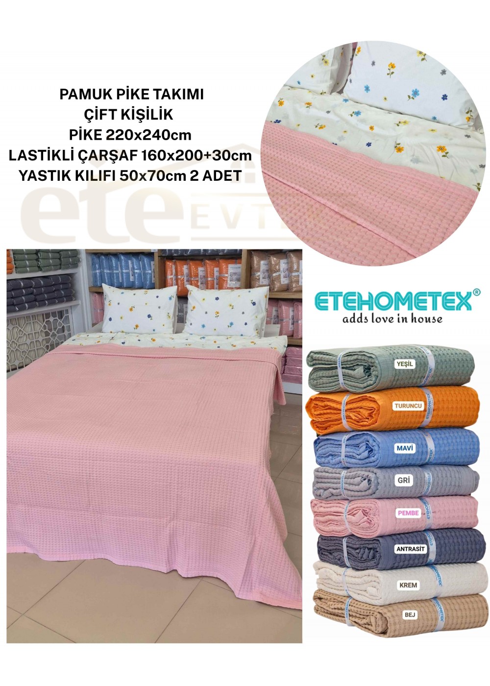ETEHOMETEX ÇİFT KİŞİLİK %100 PAMUK HAVUZLU PİKE TAKIMI PEMBE 8696474232100